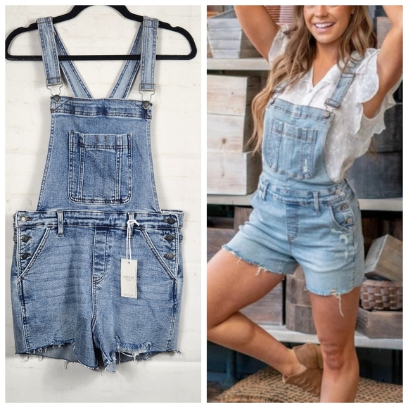 Judy Blue Denim - Judy Blue Classic Casual Summer Boho Raw Hem Shortalls Denim Overalls Blue Large
